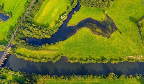 Aerial view, river Ems in the nature reserve Emsaue at the district Gellendorf in Rheine,