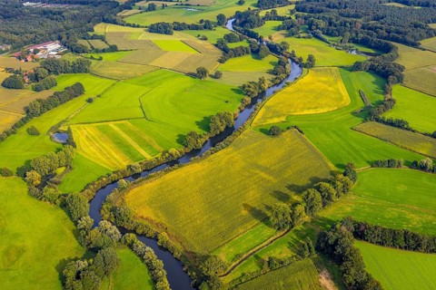 Aerial view, river Ems in the nature reserve Emsaue at the district Gellendorf in Rheine,