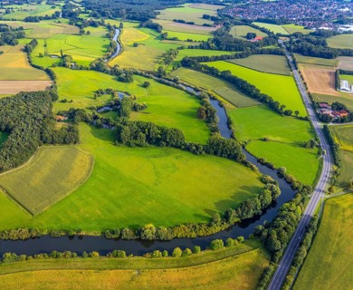 Aerial view, river Ems in the nature reserve Emsaue at the district Gellendorf in Rheine,