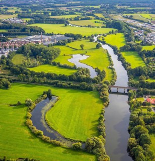 Aerial view, river Ems in the nature reserve Emsaue at the district Gellendorf in Rheine,