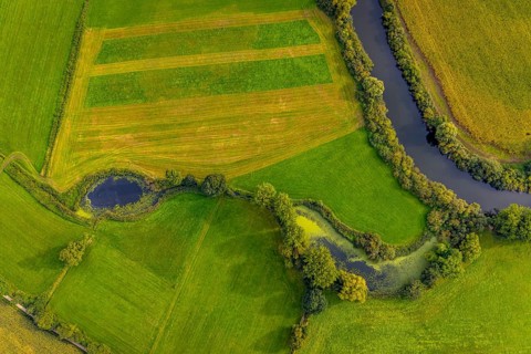Aerial view, river Ems in the nature reserve Emsaue at the district Gellendorf in Rheine,