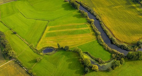 Aerial view, river Ems in the nature reserve Emsaue at the district Gellendorf in Rheine,