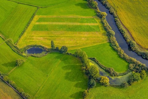 Aerial view, river Ems in the nature reserve Emsaue at the district Gellendorf in Rheine,