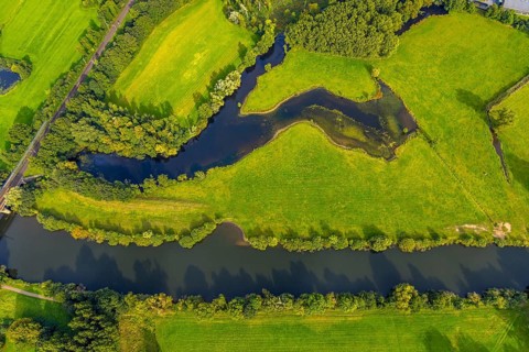 Aerial view, river Ems in the nature reserve Emsaue at the district Gellendorf in Rheine,