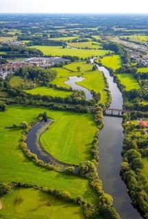 Aerial view, river Ems in the nature reserve Emsaue at the district Gellendorf in Rheine,
