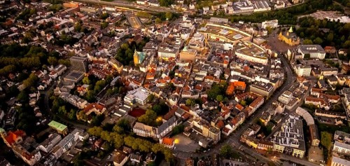 Aerial view, old town with Kaiserwall, Palais Vest shopping centre, town hall, catholic