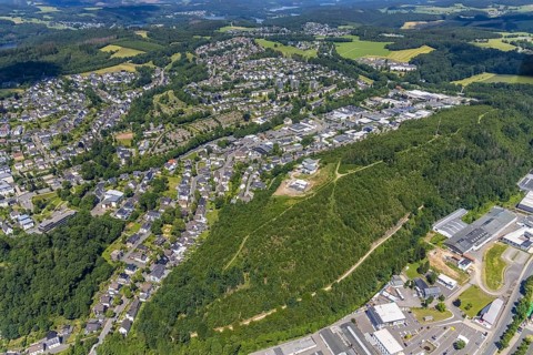 Aerial view, industrial estate Westfälische Straße, municipal cemetery, Olpe town, Olpe, Sauerland,