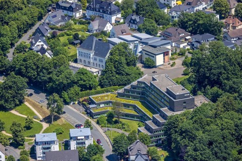 Aerial photo, Olpe tax office and catholic Gallenberg school, Olpe town, Olpe, Sauerland, North