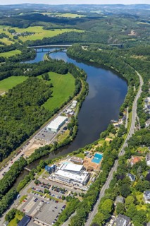 Aerial view, Biggesee, Obersee, Olpe leisure pool, Olpe town, Olpe, Sauerland, North