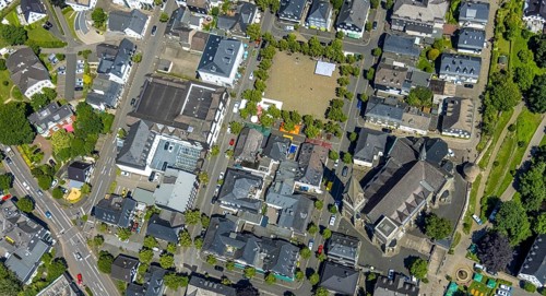 Aerial view, St. Martinus Church, town wall with angel tower, market square and town centre, Olpe