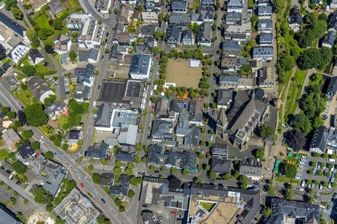 Aerial view, St. Martinus Church, town wall with angel tower, market square and town centre, Olpe