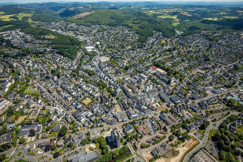 Aerial view, city centre view, town hall, St. Martinus Church, Olpe city, Olpe, Sauerland, North