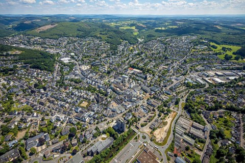 Aerial view, city centre view, town hall, St. Martinus Church, Olpe city, Olpe, Sauerland, North
