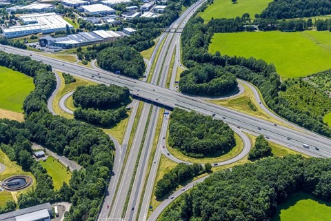 Aerial view, motorway junction Olpe-Süd, A4 and A45, Dahl, Olpe, Sauerland, North Rhine-Westphalia,