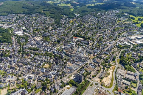 Aerial view, city centre view, town hall, St. Martinus Church, Olpe city, Olpe, Sauerland, North