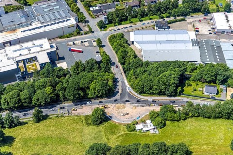 Aerial view, construction site for new roundabout Koblenzer Straße and Biggestraße, Olpe-Stadt,