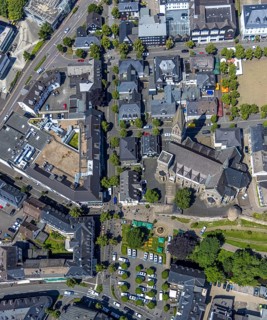 Aerial view, St. St Martin's Church, city wall with angel tower, police operation at Kurkölner