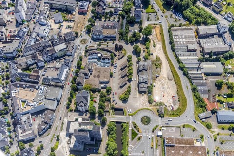 Aerial view, city centre, town hall and city archive, car park Alter Bahnhof, Olpe city, Olpe,