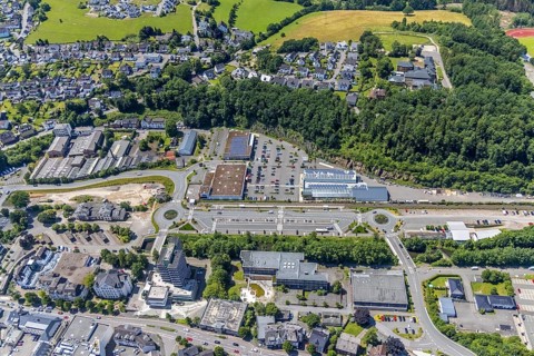 Aerial view, city centre, town hall and city archive, Olpe railway and bus station, car park Alter