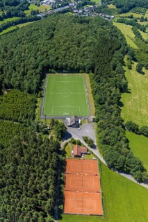 Aerial view, sports field Lütringhausen, Stachelau, Olpe, Sauerland, North Rhine-Westphalia,