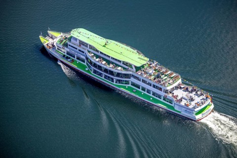 Aerial view, Biggesee, passenger navigation with the excursion boat Westfalen, sun deck, Sondern,