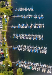 Aerial view, Biggesee, Camping Biggesee - Vier Jahreszeiten, sailboats, boat landing stage, Rhode,
