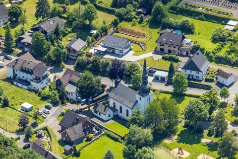 Aerial view, St. George's Church, Neuenkleusheim, Olpe, Sauerland, North Rhine-Westphalia, Germany,