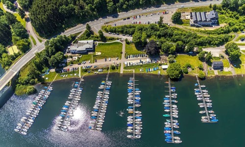 Aerial view, Biggesee, Camping Biggesee - Vier Jahreszeiten, sailboats, boat landing stage, Rhode,