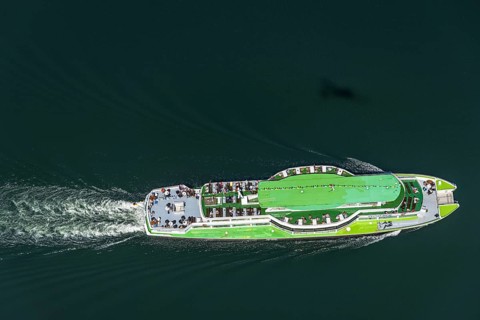 Aerial view, Biggesee, passenger navigation with the excursion boat Westfalen, Sondern, Olpe,