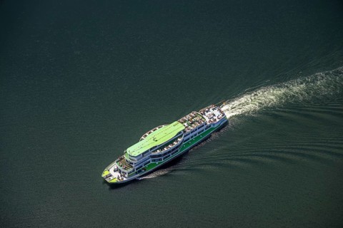 Aerial view, Biggesee, passenger navigation with the excursion boat Westfalen, Sondern, Olpe,