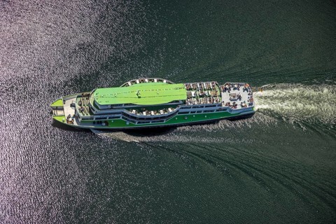 Aerial view, Biggesee, passenger navigation with the excursion boat Westfalen, Sondern, Olpe,