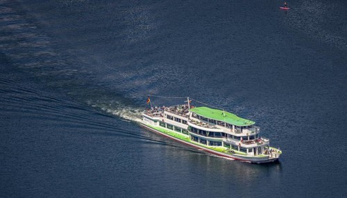 Aerial view, Biggesee, passenger navigation with the excursion boat Westfalen, Rhode, Olpe,