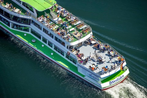 Aerial view, Biggesee, passenger navigation with the excursion boat Westfalen, sun deck, Sondern,