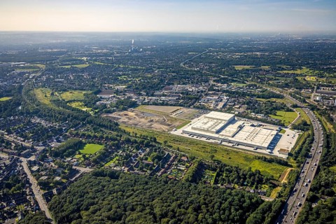 Aerial view, Edeka central warehouse Oberhausen with fallow land and Sterkrade colliery in the