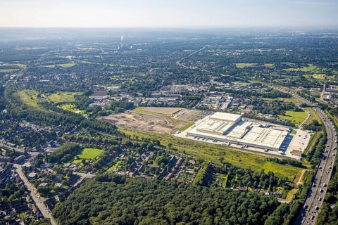 Aerial view, Edeka central warehouse Oberhausen with fallow land and Sterkrade colliery in the