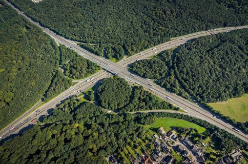 Aerial view, motorway junction Oberhausen with A2 and A3 in the district Königshardt in Oberhausen,