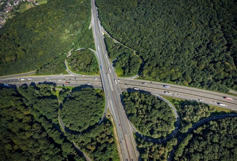 Aerial view, motorway junction Oberhausen with A2 and A3 in the district Königshardt in Oberhausen,