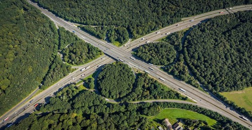 Aerial view, motorway junction Oberhausen with A2 and A3 in the district Königshardt in Oberhausen,