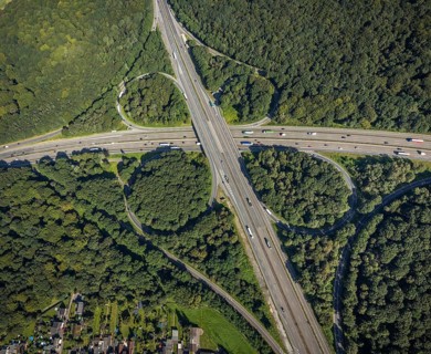 Aerial view, motorway junction Oberhausen with A2 and A3 in the district Königshardt in Oberhausen,