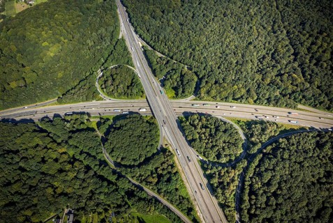 Aerial view, motorway junction Oberhausen with A2 and A3 in the district Königshardt in Oberhausen,