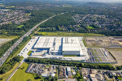 Aerial view, Edeka central warehouse Oberhausen with fallow land in the district Schwarze Heide in