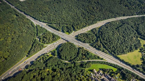 Aerial view, motorway junction Oberhausen with A2 and A3 in the district Königshardt in Oberhausen,