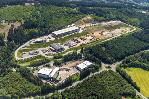 Aerial view, recycling centre Olpe Rother Stein disposal company, Oberveischede, Olpe, Sauerland,
