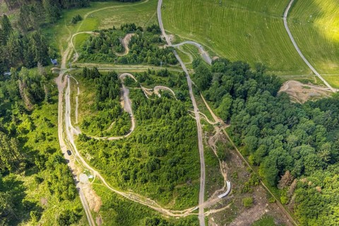 Aerial view, Bikepark Fahlenscheid, mountain bike facility Liftistan, Oberveischede, Olpe,