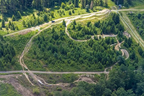 Aerial view, Bikepark Fahlenscheid, mountain bike facility Liftistan, Oberveischede, Olpe,