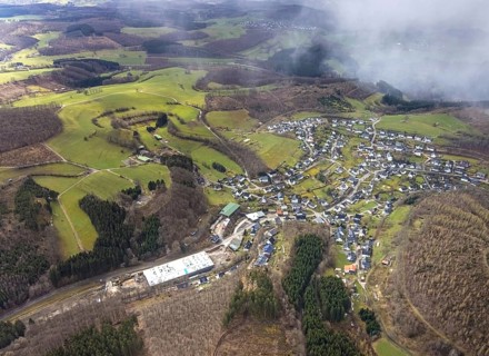 Aerial view, local view, sawmill Schrage new construction of a factory hall after a large conveyor
