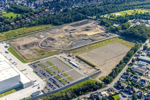 Aerial view, Edeka central warehouse Oberhausen with fallow land in the district Schwarze Heide in
