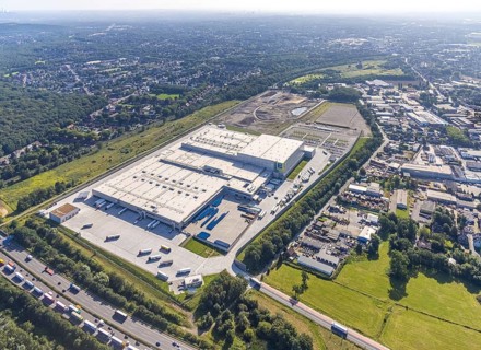 Aerial view, Edeka central warehouse Oberhausen with fallow land and Sterkrade colliery in the