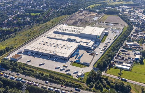 Aerial view, Edeka central warehouse Oberhausen with fallow land in the district Schwarze Heide in