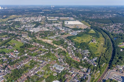 Aerial view, Sterkrade colliery with historic winding tower, Edeka central warehouse and SEGRO